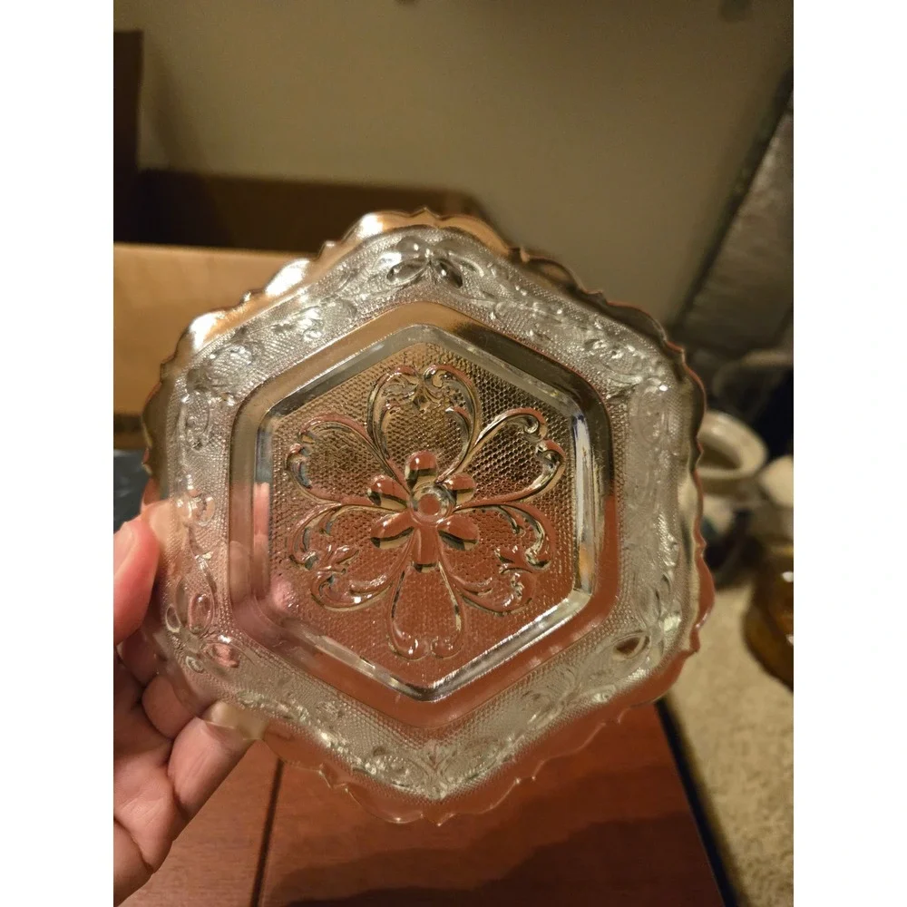 Vintage Clear Pressed Glass Floral Trinket Dish Scalloped Hexagon Candy Bowl